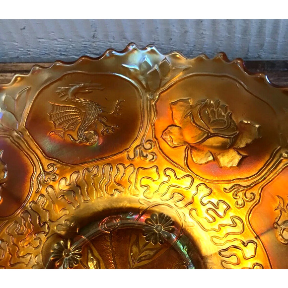 Antique 1920s Fenton Marigold Carnival Glass Dragons & Lotus Pattern Bowl 9” - Picture 6 of 11